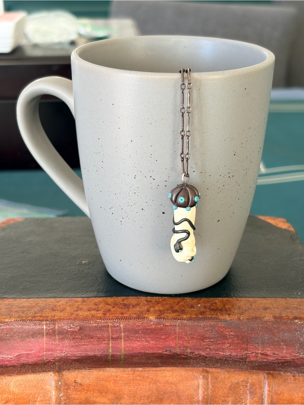 Handmade Glass Figa Cream and Brown Pendant Necklace with Turquoise Accents